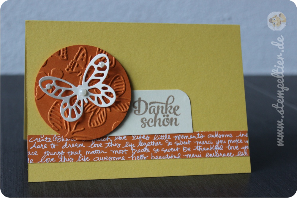 Stempeltier StampinUp Karte Danke Framelits Schmetterling osterglocke tuerkis Designerpapier Signalfarben