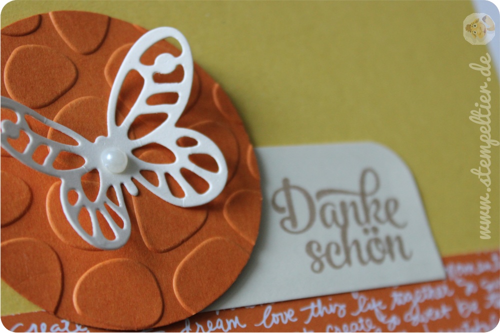 Stempeltier StampinUp Karte Danke Schmetterling osterglocke tuerkis orange detail