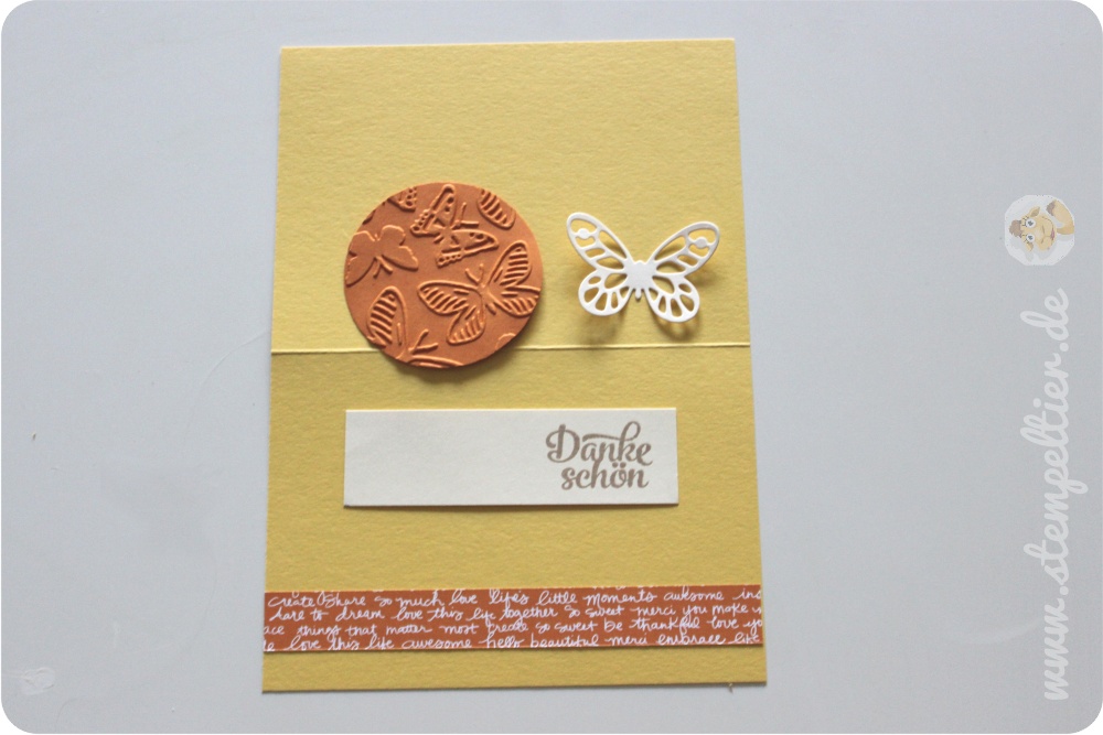 Stempeltier StampinUp Karte Danke Schmetterling osterglocke tuerkis orange detail