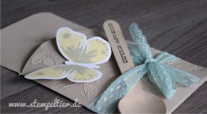stampinup stempeltier bestecktasche deko tischdekoration partydeko schmetterling minzmakrone Spitzenband holzlöffel