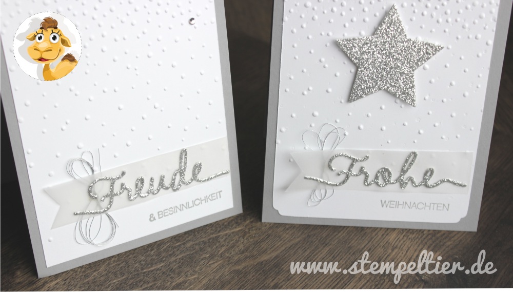 stampin up stempeltier weihnachten christmas winter leise rieselt weihnachtliche worte weiß freude frohe silber