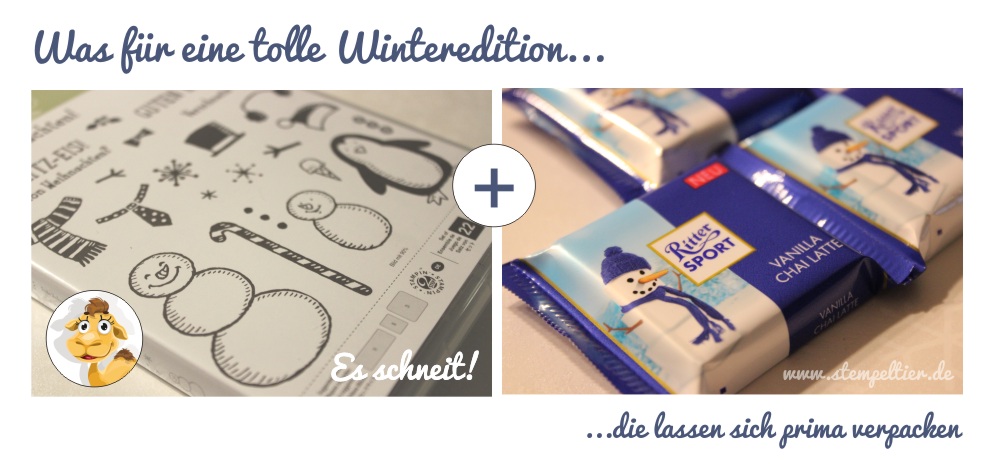 stempeltier stampin up es schneit ritter sport schneemänner snowman snowmen Schneemann verpacken leckerei