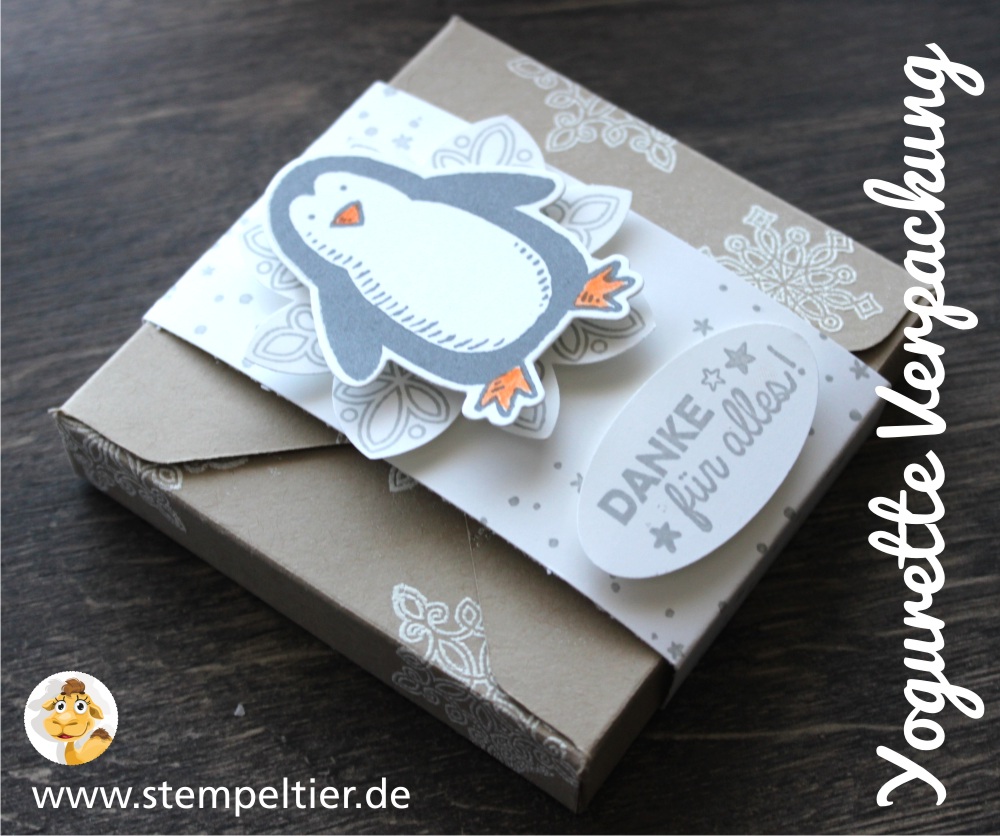 stempeltier stampin up yogurette verpackung es schneit pinguin