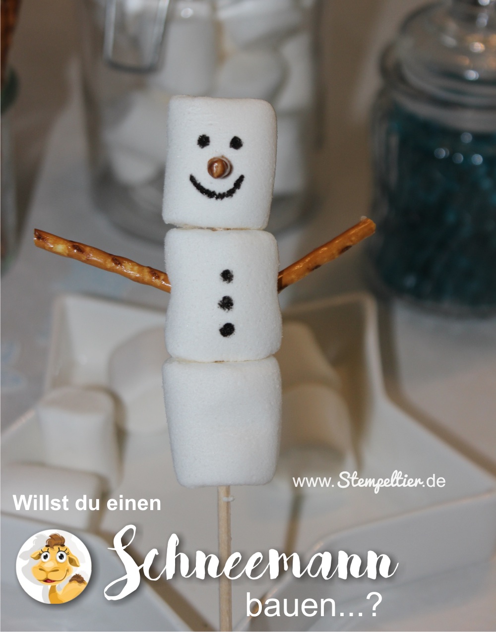 schneemann eiskönigin marshmallows selber bauen stempeltier