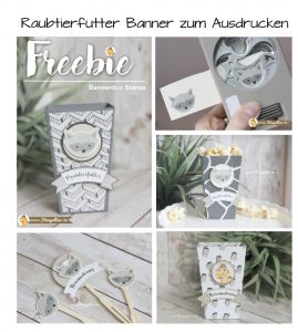 Freebie kostenlos zum Ausdrucken Banner passend zur Bannerduo Stanze von Stampin Up Raubtierfutter für Popcornschachtel box racoon