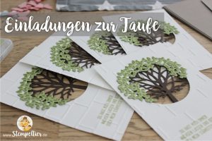 Stampin Up Einladungen zur Taufe mit Wald der Worte beim Stempeltier gemeinsam kreativ Baum Kreuz