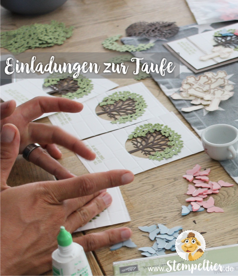 Stampin Up Einladungen zur Taufe mit Wald der Worte Segenswünsche beim Stempeltier gemeinsam kreativ Baum Kreuz Christening