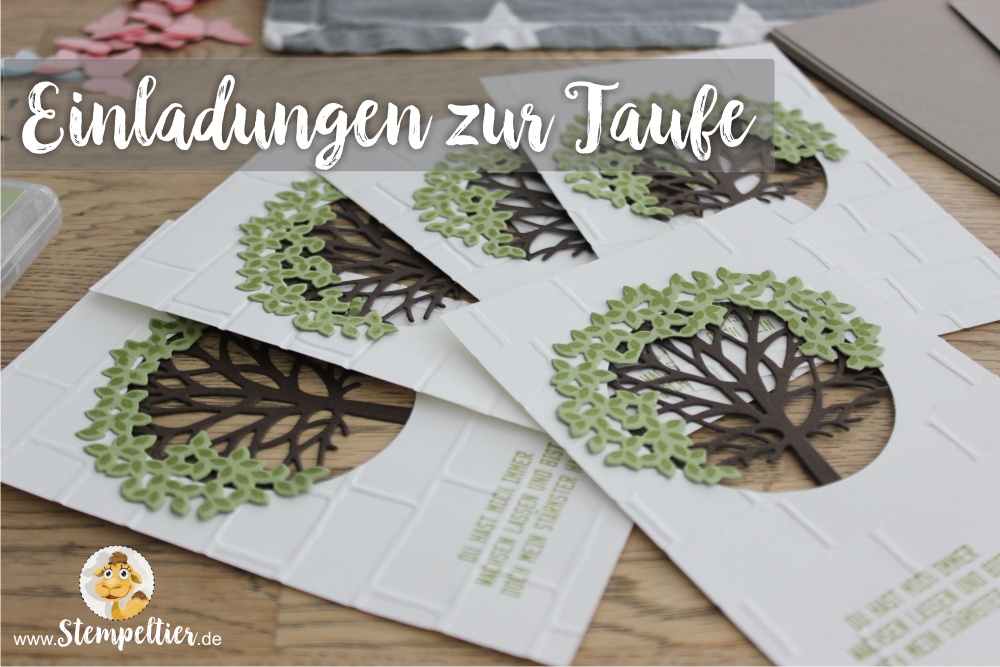 Stampin Up Einladungen zur Taufe mit Wald der Worte beim Stempeltier gemeinsam kreativ Baum Kreuz Segenswünsche