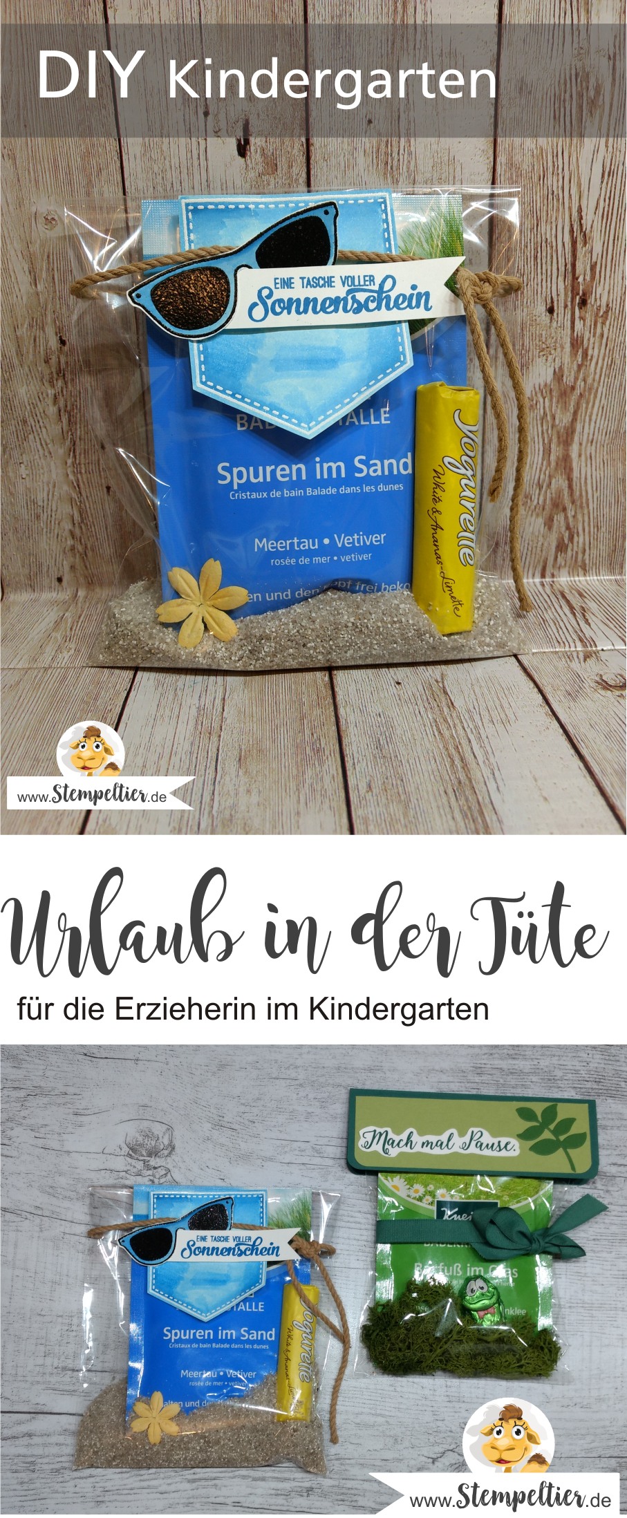 stampin up erzieherin kindergarten geschenk kleinigkeit urlaub in der tüte kneipp badesalz verpacken tasche sonnenschein