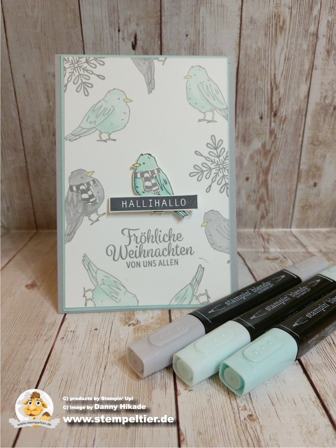 stampin up stampin blends alkoholmarker vogel farbenfroh blau weihnachtskarte stempeltier christmas