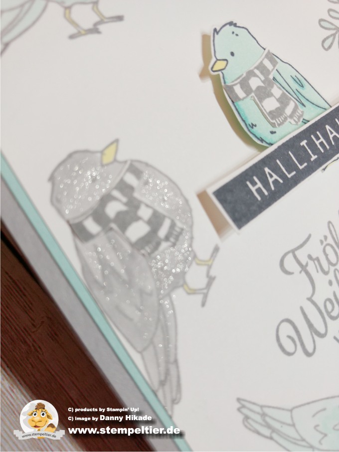 stampin up stampin blends alkoholmarker vogel farbenfroh blau weihnachtskarte stempeltier taube hallihallo