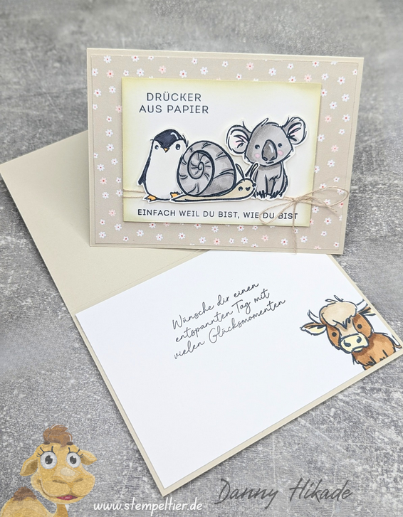 stampinup tierisch lieb basic beige karte anleitung koala pinguin schnecke stempeltier