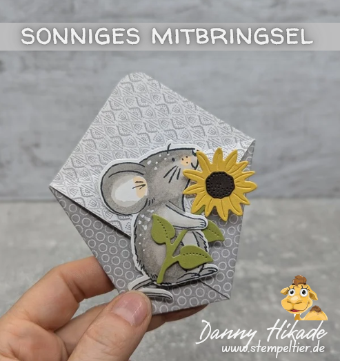 origami goodie mit maus und sonnenblume basteln stempeltier